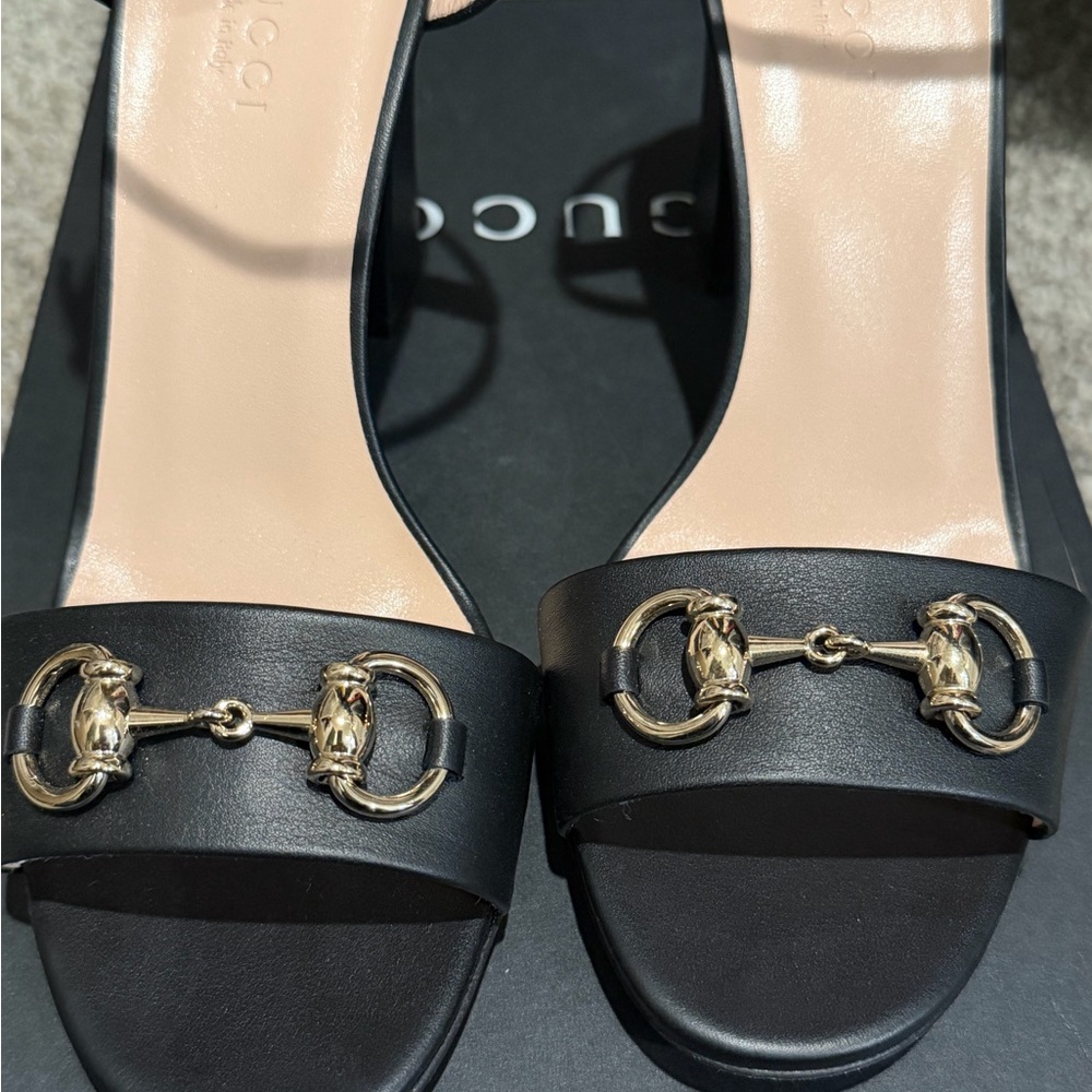 Gucci Black Horsebit Leather Heeled Sandals